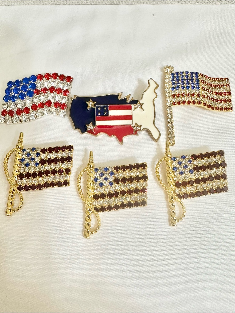 Patriotic American Flag Rhinestone Brooches Lot - Red, White & Blue (6 pcs)